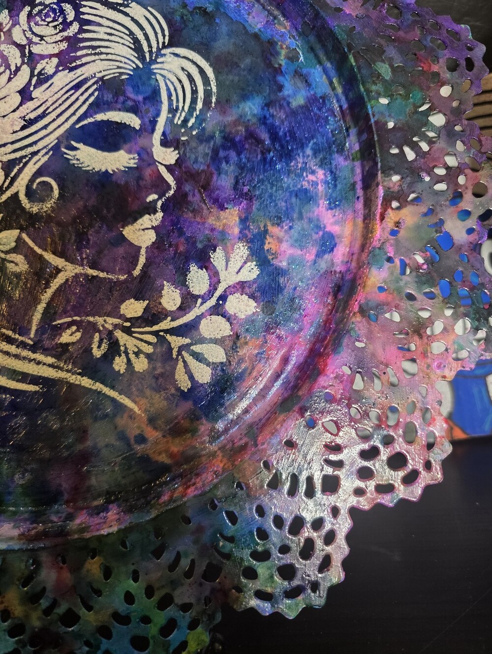 HANDCRAFTED Upcycled Metal Platter HANDPAINTED Tabletop Countertop Art Decor 15" - Picture 7 of 17
